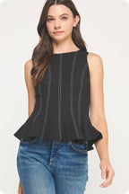 Top-Stitch Peplum Sleeveless Ponte Top