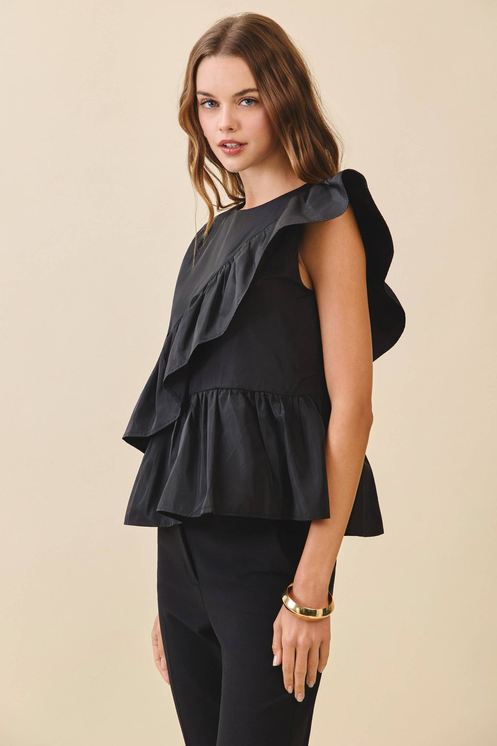 CT9581-Cascading Ruffle Panels Drape Detail Peplum Top