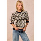 TEXTURED ROSE KNIT TOP CONTRAST BANDED PUFF SLEEVE