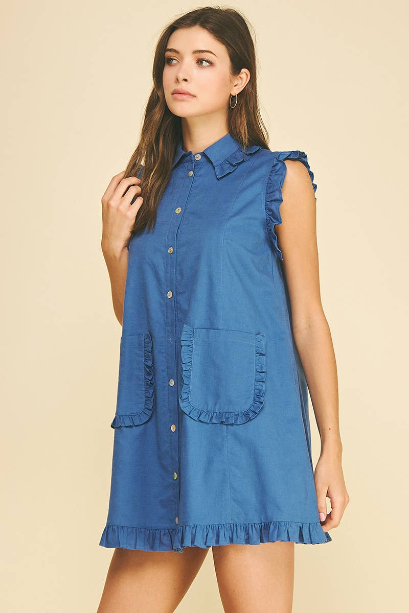 RUFFLED SLEEVELESS SHIRT DRESS