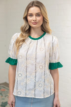 Ruffled Detail Floral Eyelet Top