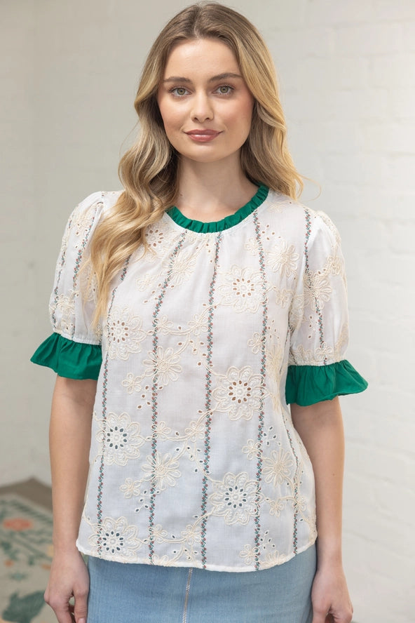 Ruffled Detail Floral Eyelet Top