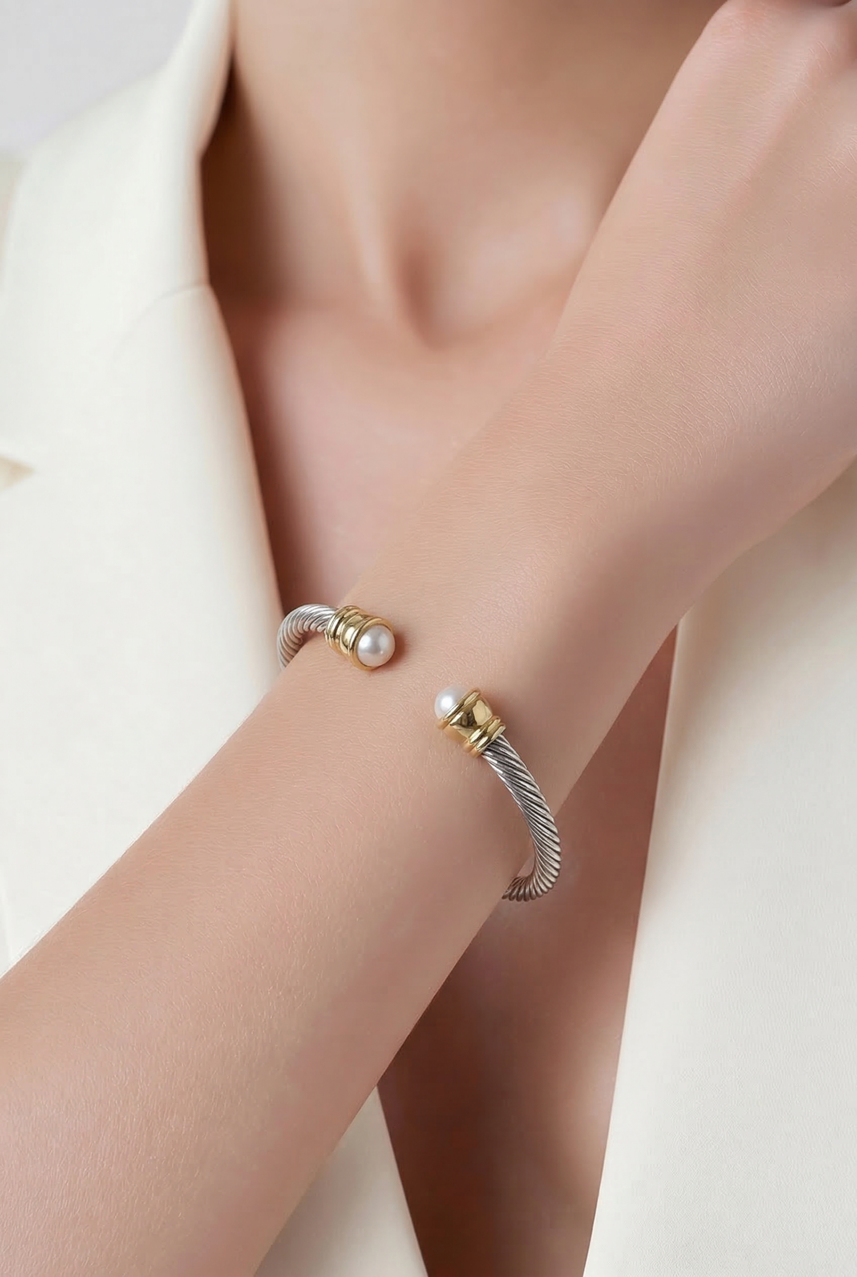 Cuff Cable Bracelet with Pearl