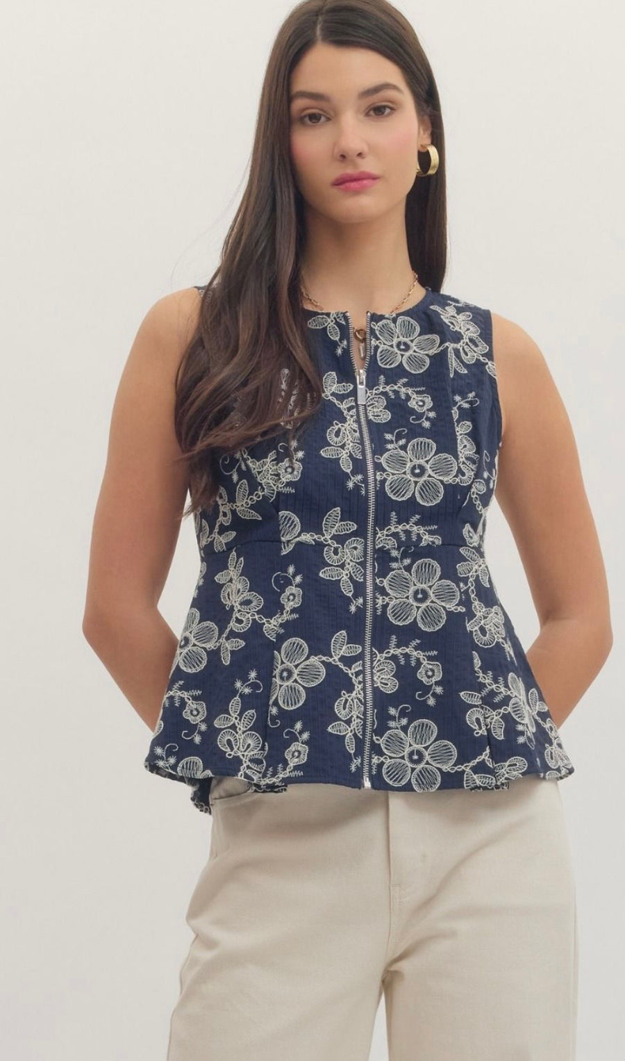 Navy Embroidered Top