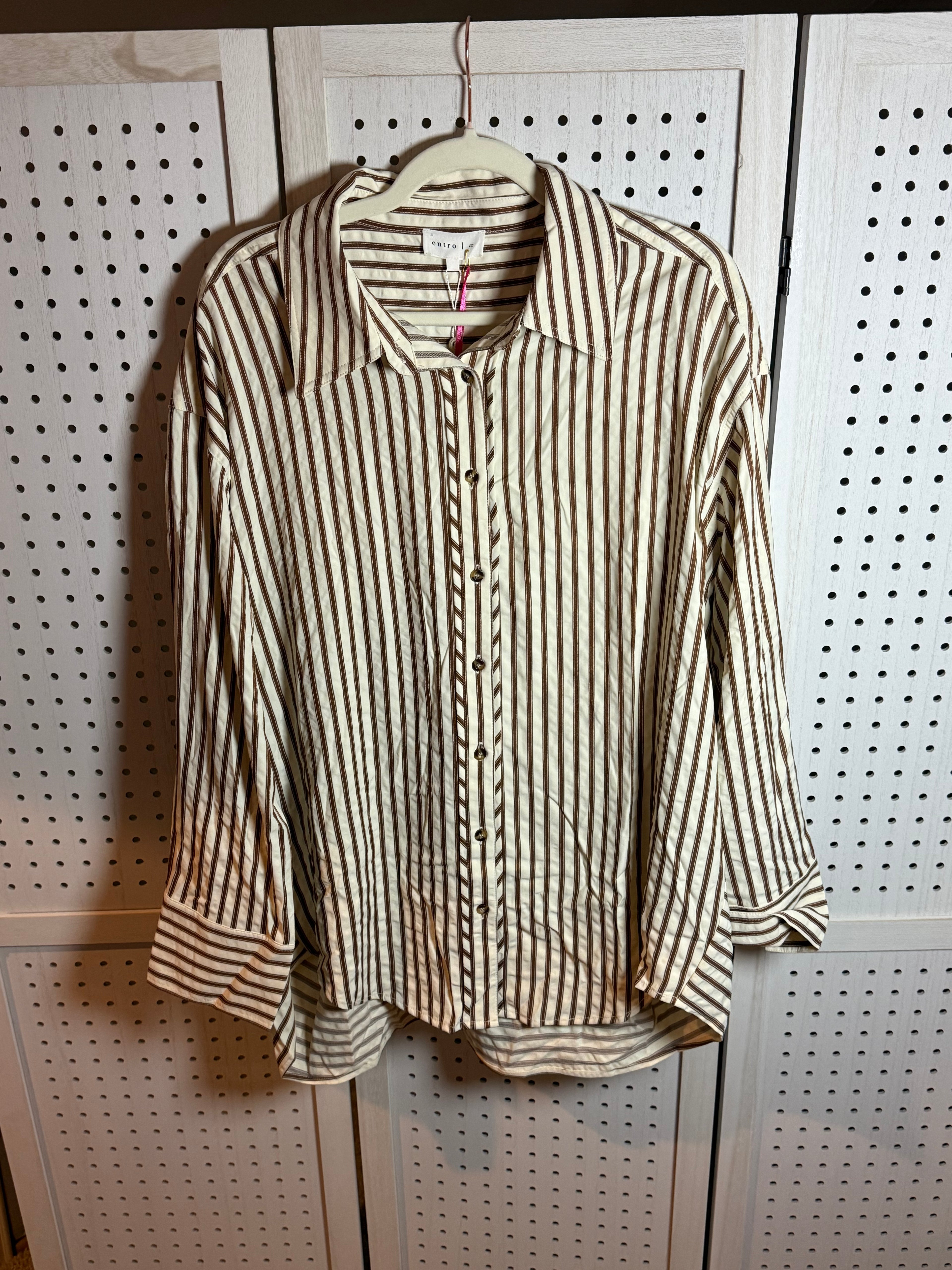 Brown cream stripe blouse-plus size