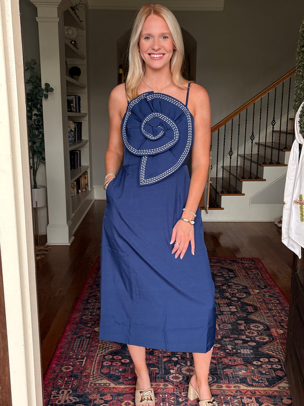 Navy Rosette Midi Dress