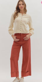 Rust Wide-Leg Cuffed Pants