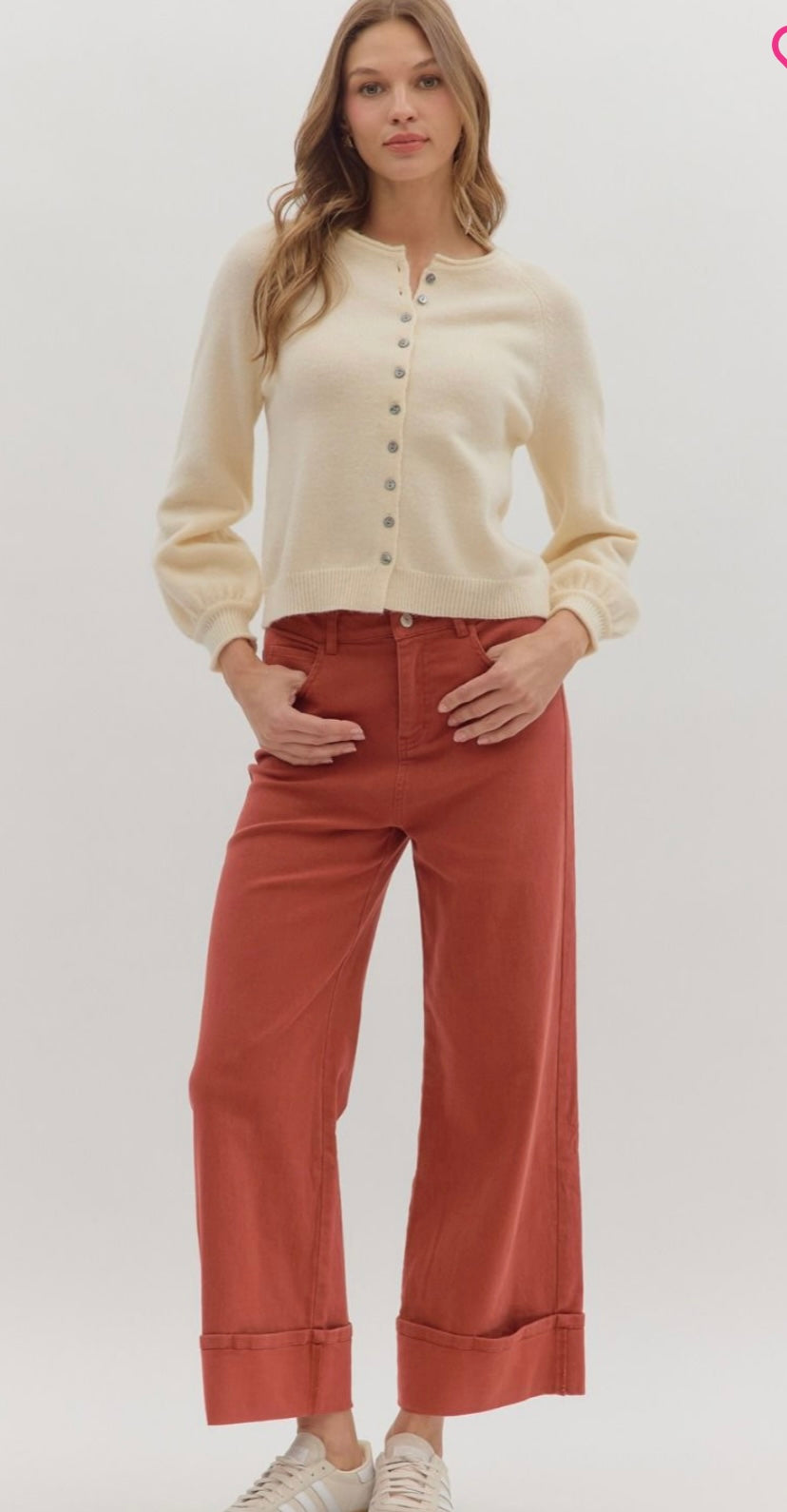 Rust Wide-Leg Cuffed Pants