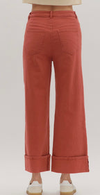 Rust Wide-Leg Cuffed Pants