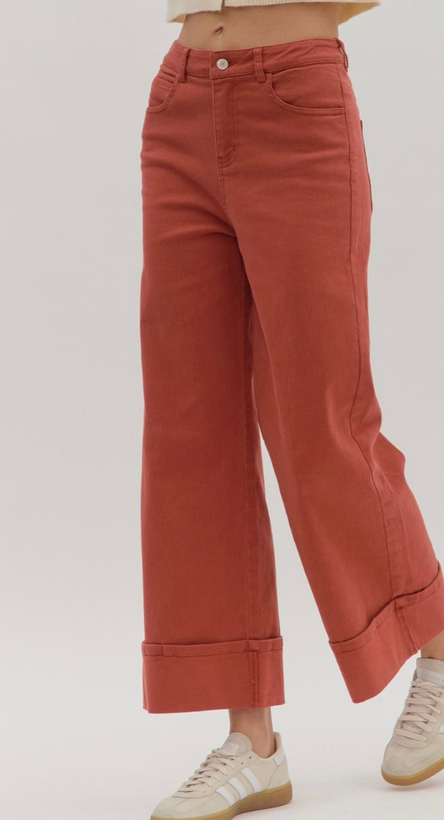 Rust Wide-Leg Cuffed Pants