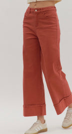 Rust Wide-Leg Cuffed Pants