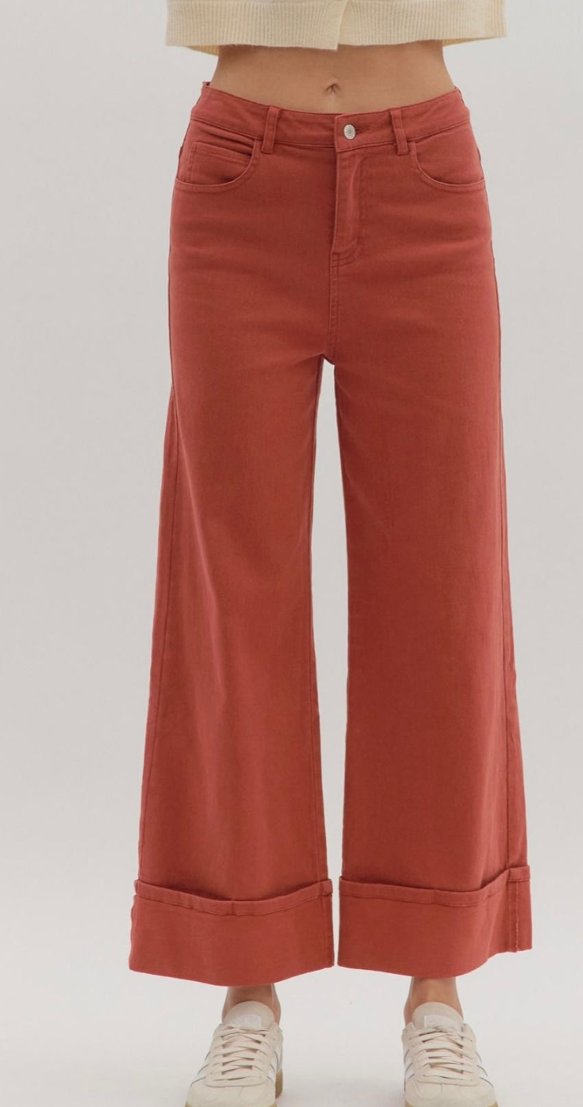 Rust Wide-Leg Cuffed Pants