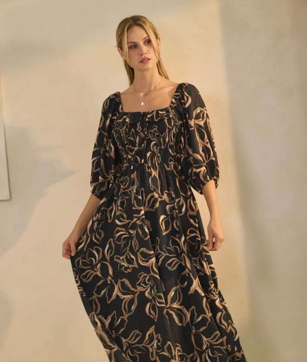 Midnight Petal Smocked Maxi Dress