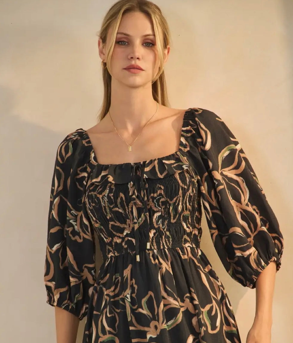 Midnight Petal Smocked Maxi Dress
