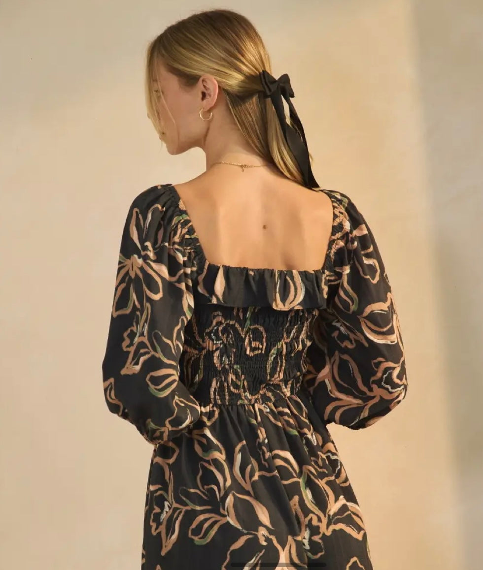 Midnight Petal Smocked Maxi Dress