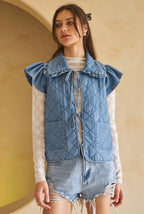 Quilted Denim Vest – Ruffle Shoulder Detail