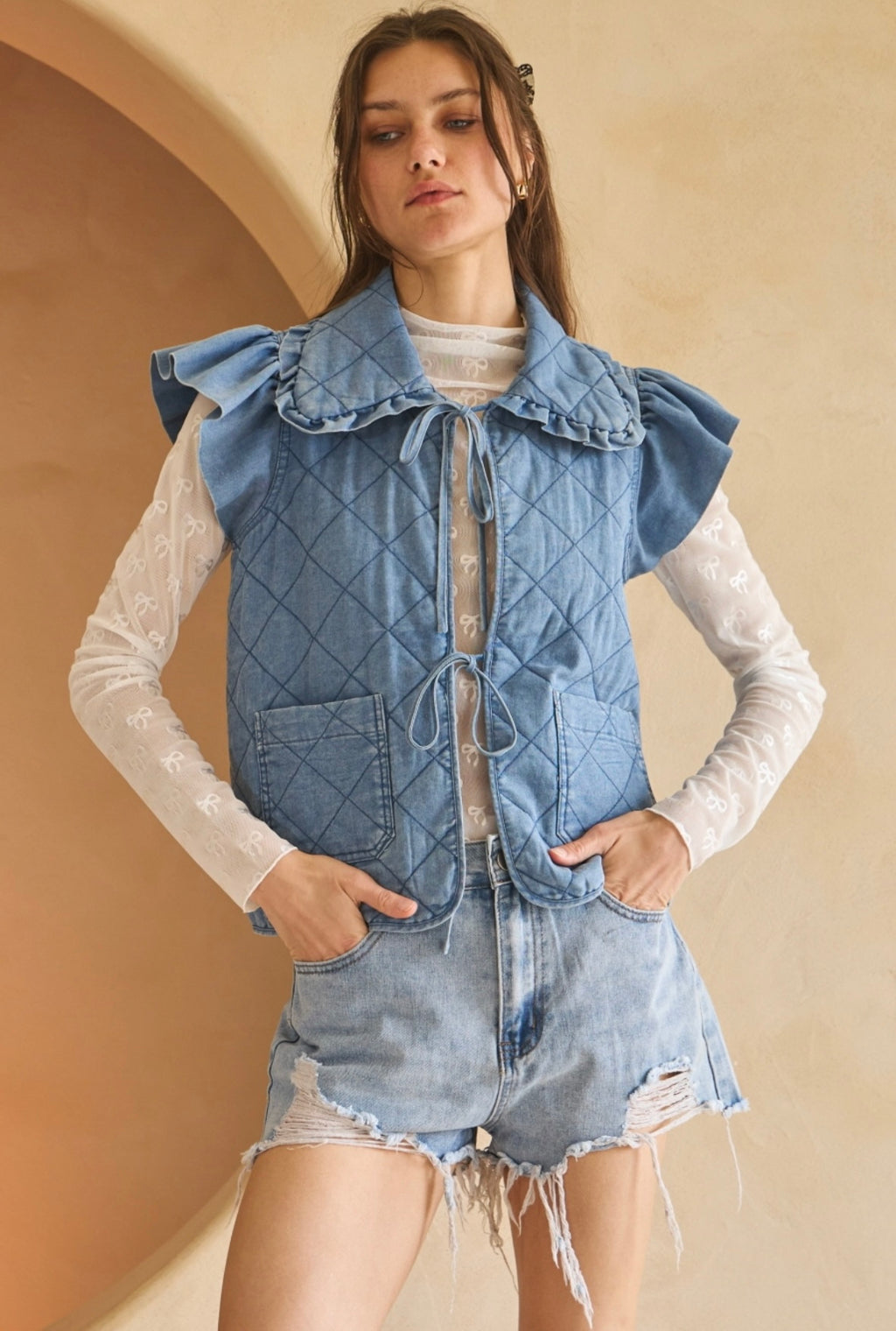 Quilted Denim Vest – Ruffle Shoulder Detail