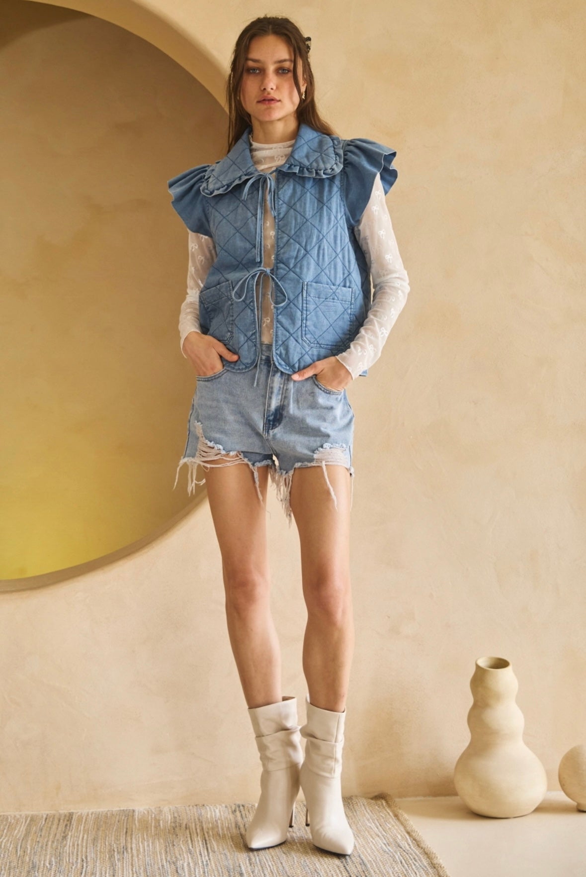 Quilted Denim Vest – Ruffle Shoulder Detail