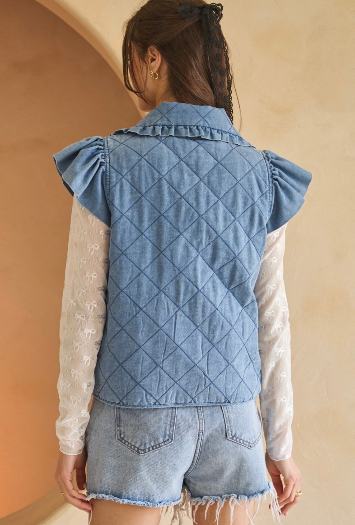 Quilted Denim Vest – Ruffle Shoulder Detail