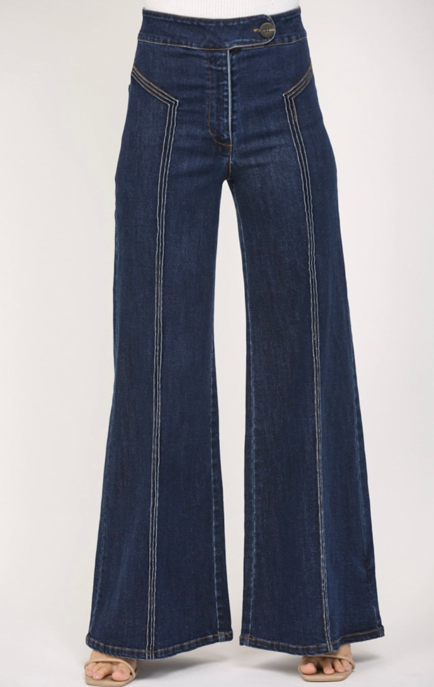 High-Rise Wide Leg Jeans with Contrast Seams