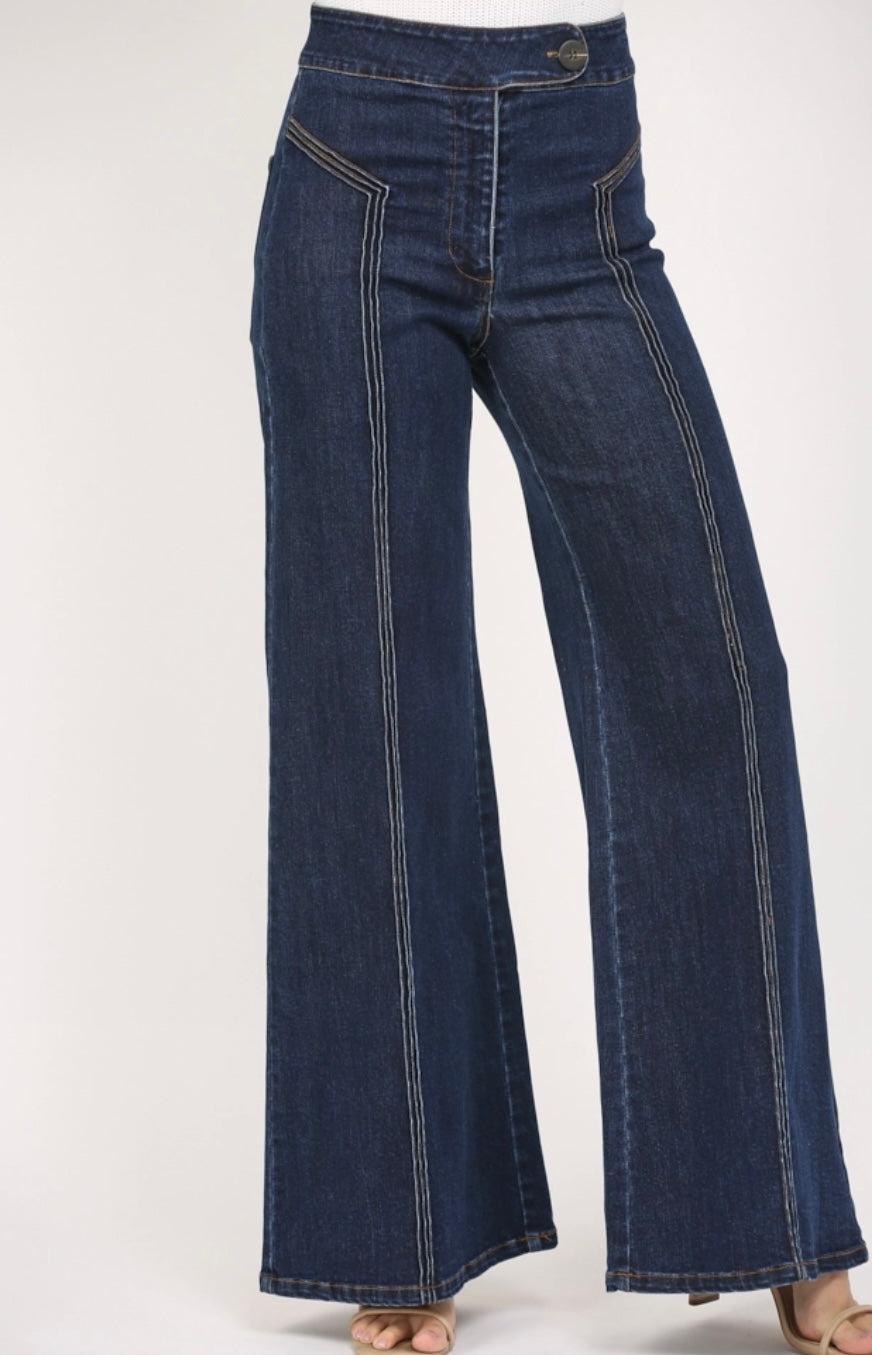 High-Rise Wide Leg Jeans with Contrast Seams