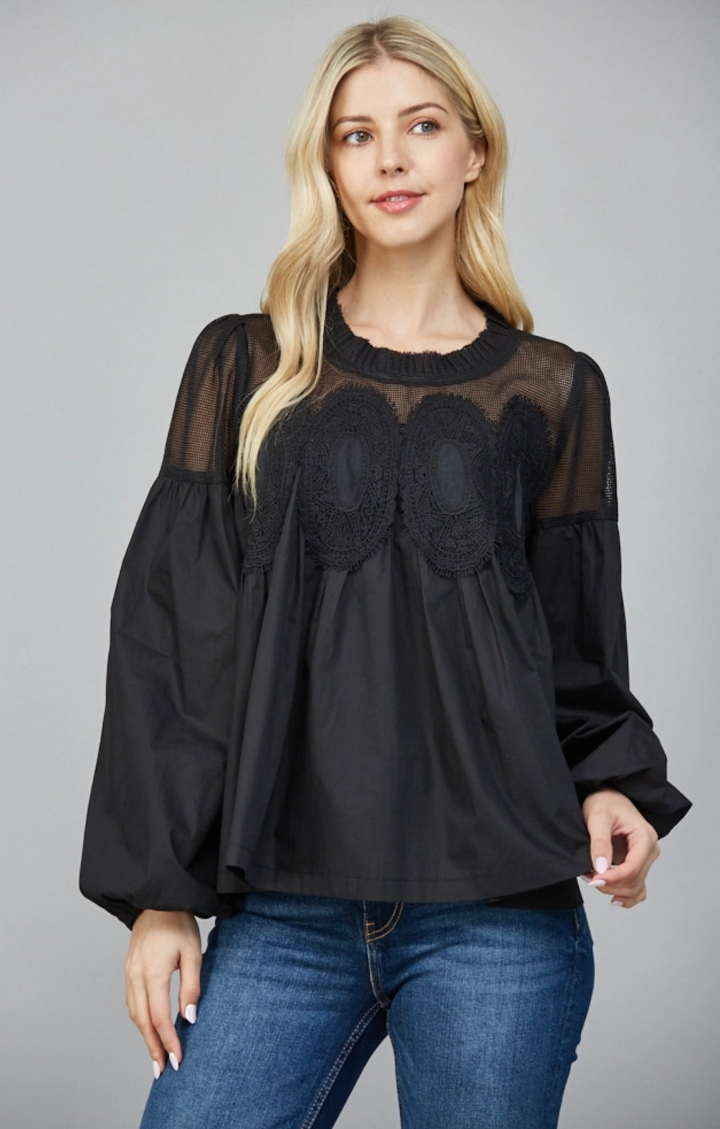 Sheer Lace Yoke Blouse – Black