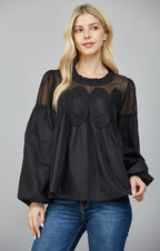Sheer Lace Yoke Blouse – Black