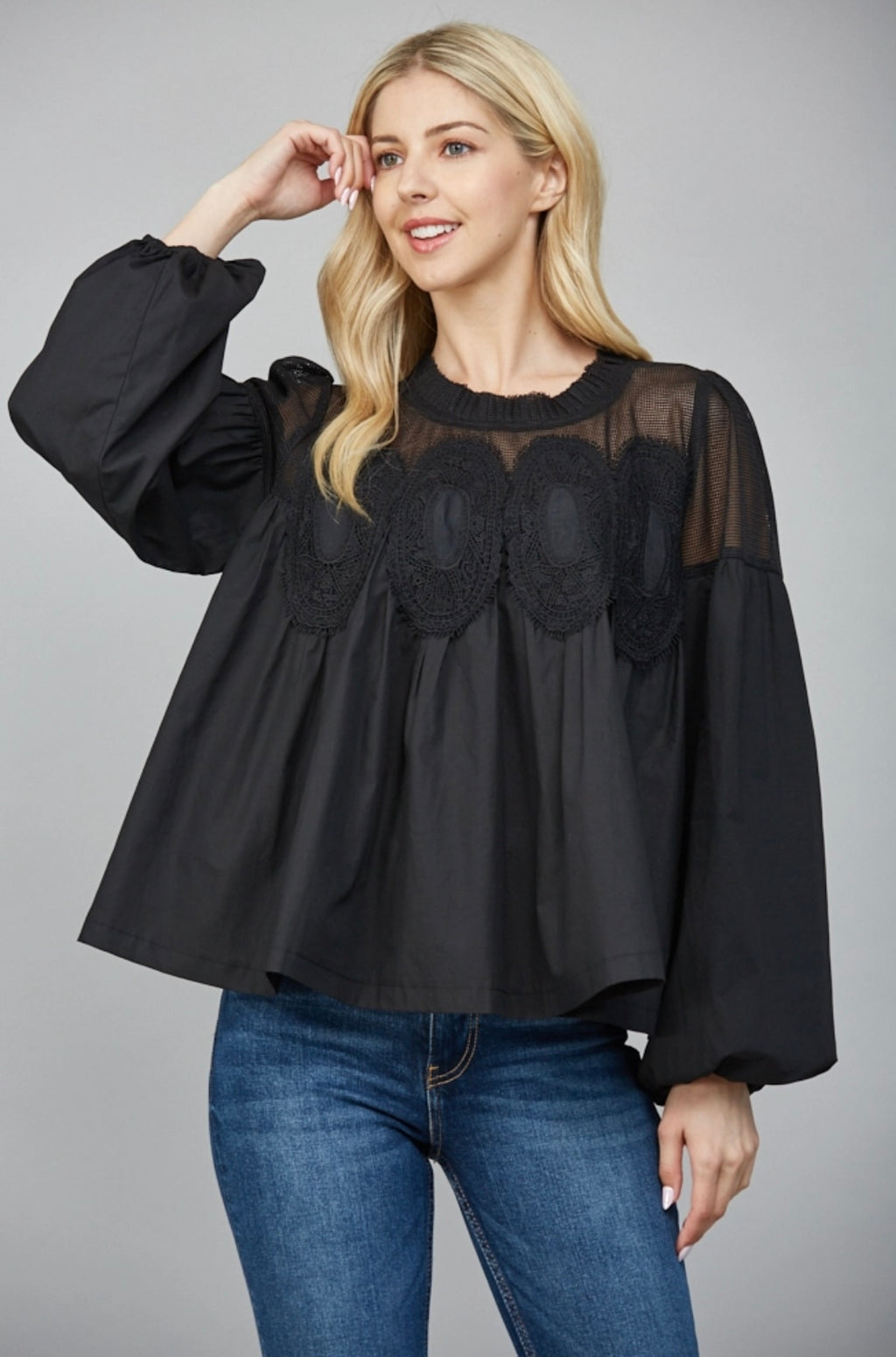 Sheer Lace Yoke Blouse – Black