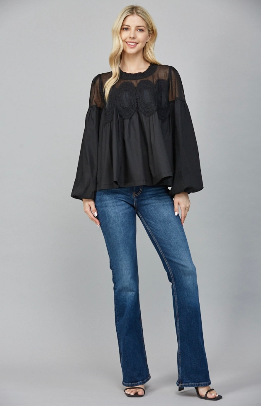 Sheer Lace Yoke Blouse – Black