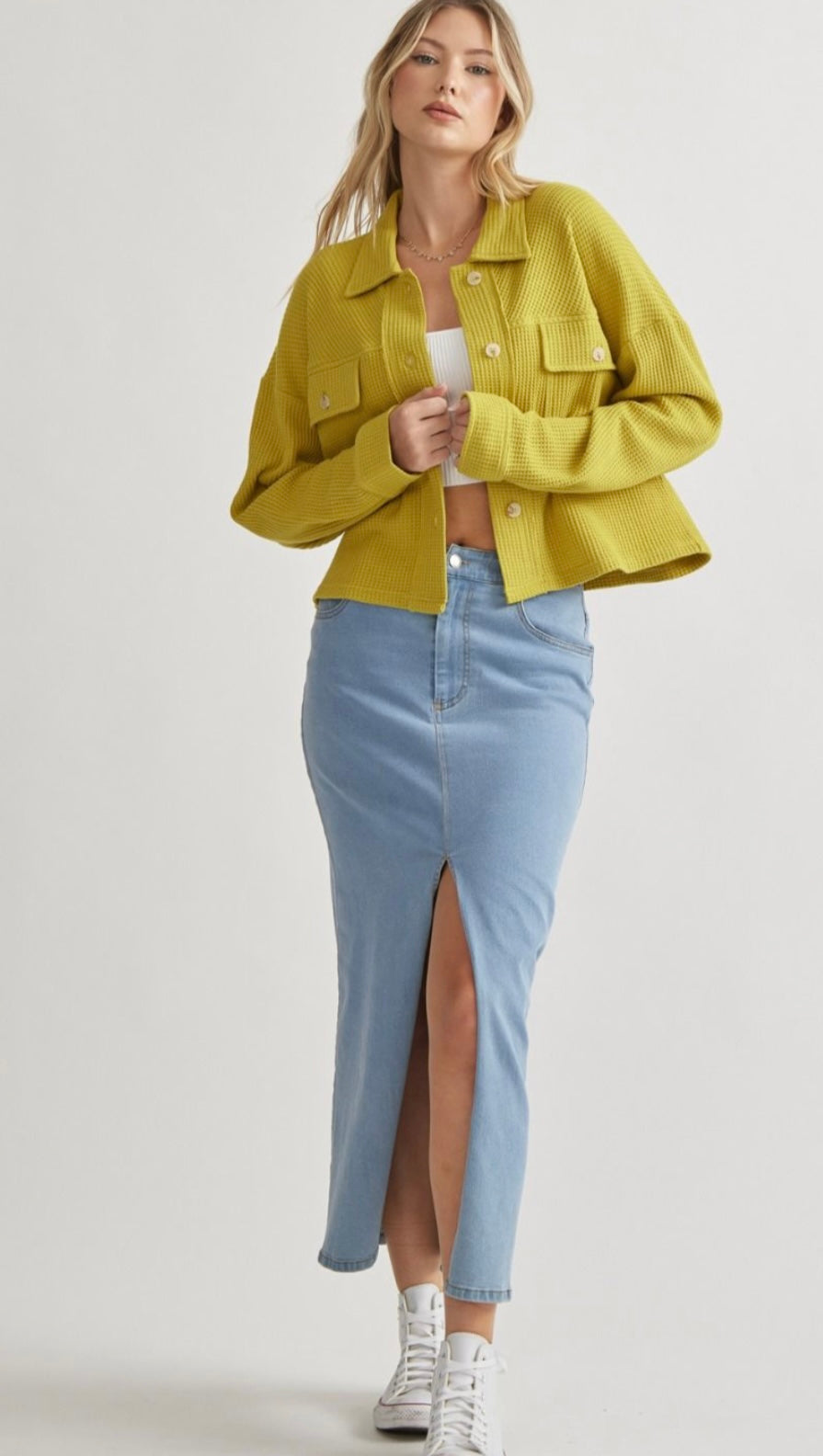 Mustard Waffle Button-Down Jacket