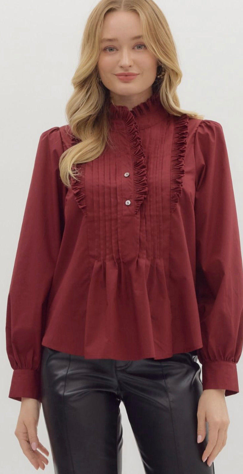 Wine Pintuck Ruffle Shirt