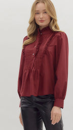 Wine Pintuck Ruffle Shirt