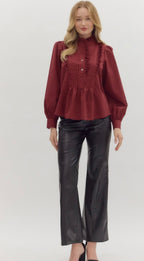 Wine Pintuck Ruffle Shirt