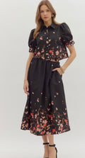 Black Puff-Sleeve Floral Two Piece Set