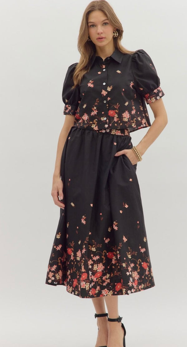 Black Puff-Sleeve Floral Two Piece Set