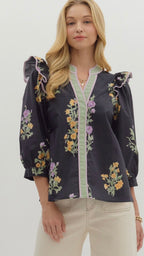Black Floral Embroidered Top with Ruffle Trim