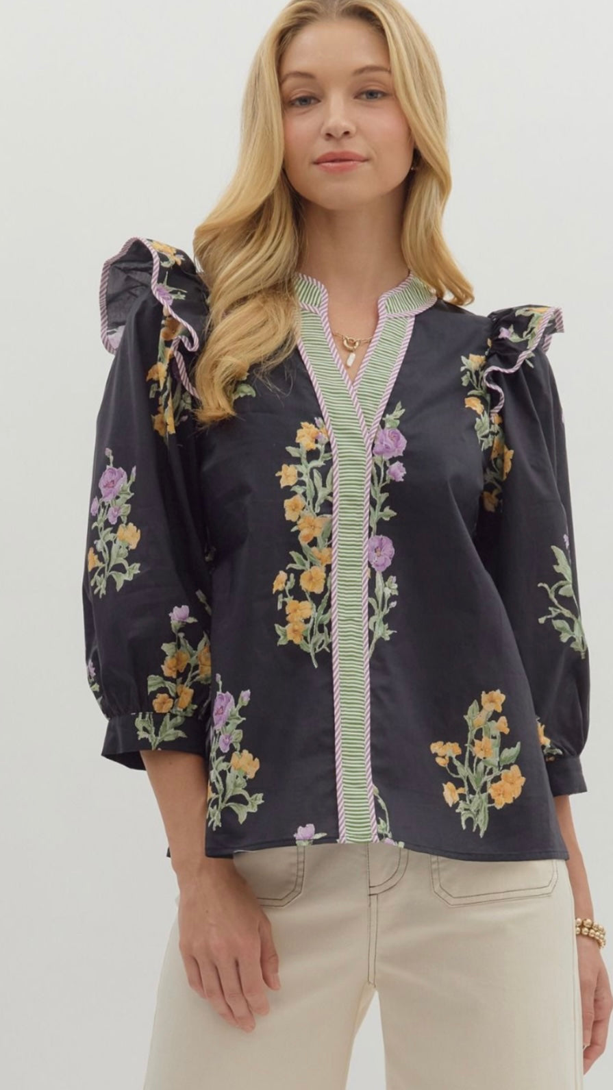 Black Floral Embroidered Top with Ruffle Trim
