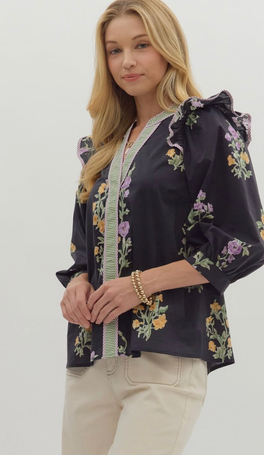 Black Floral Embroidered Top with Ruffle Trim