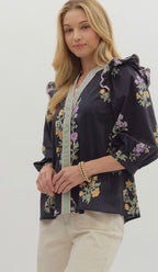 Black Floral Embroidered Top with Ruffle Trim