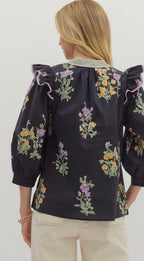 Black Floral Embroidered Top with Ruffle Trim