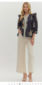 Black Floral Embroidered Top with Ruffle Trim