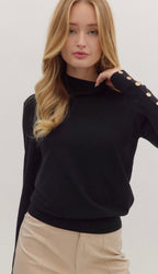 Black Mock Neck Sweater with Button Detail