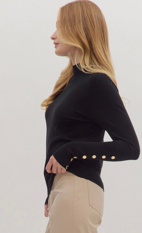 Black Mock Neck Sweater with Button Detail