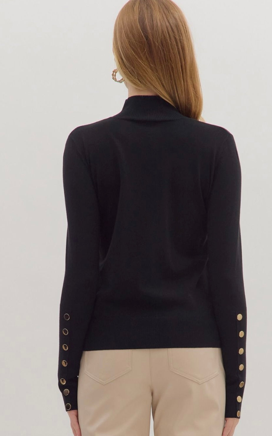 Black Mock Neck Sweater with Button Detail