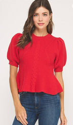 Puff- Sleeve Cable Knit Top Cherry Red