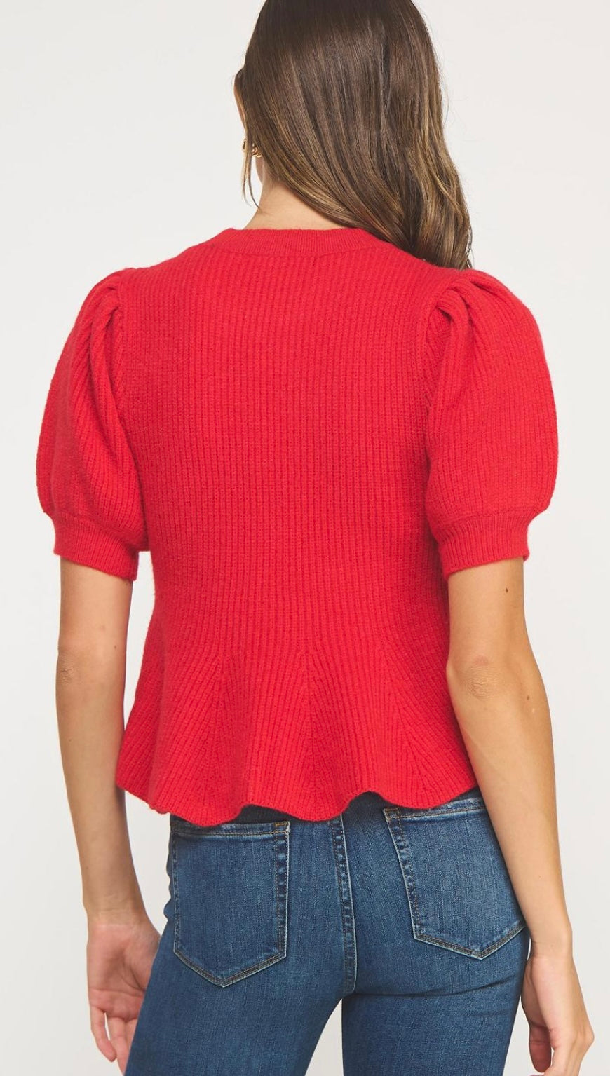 Puff- Sleeve Cable Knit Top Cherry Red