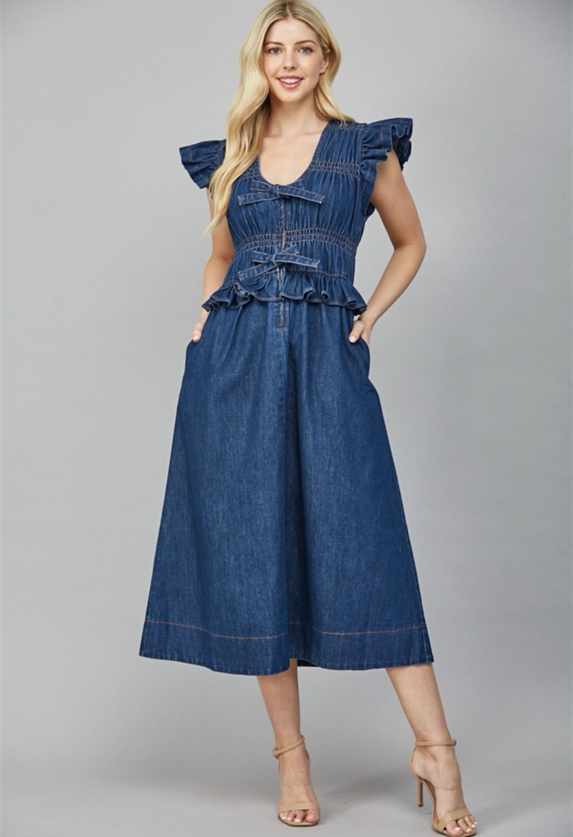Ruffle-Sleeve Denim Midi Dress