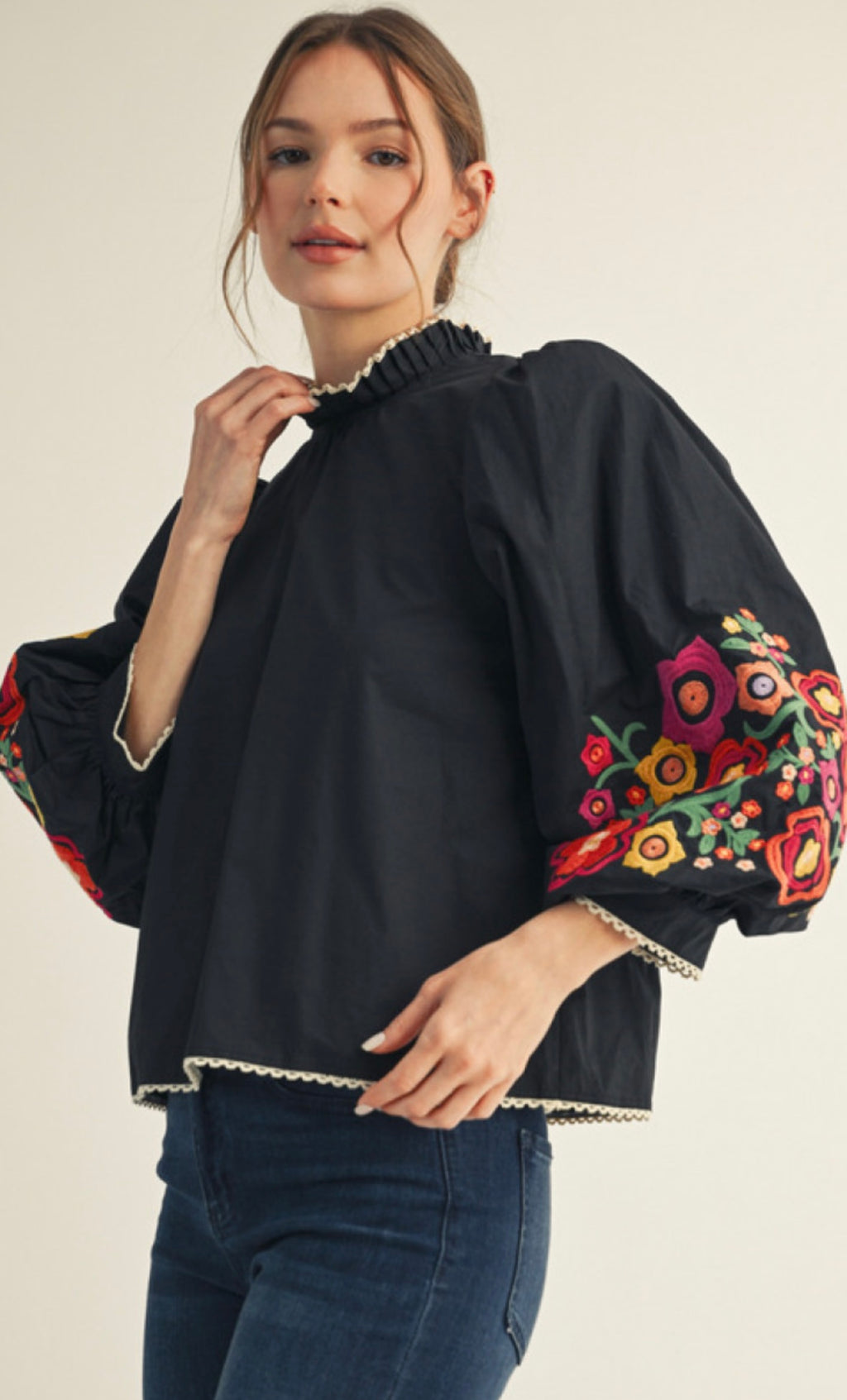 Black Embroidered Puff Sleeve Blouse