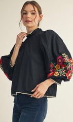 Black Embroidered Puff Sleeve Blouse