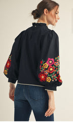 Black Embroidered Puff Sleeve Blouse